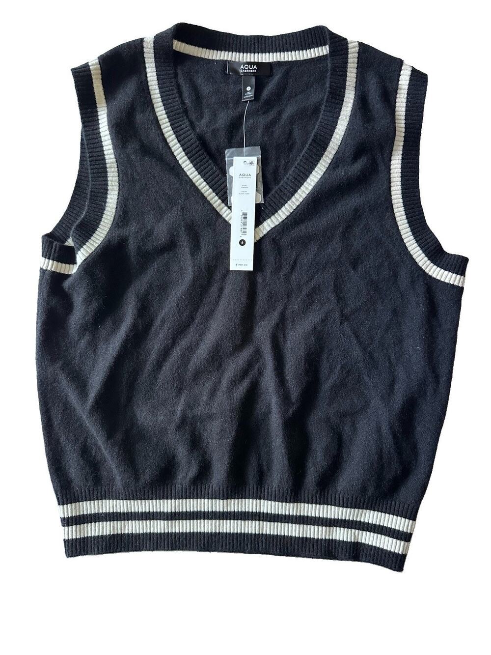 NWT $168 AQUA 100% Cashmere V-neck Knit Vest Black Ivory Trim Small Preppy